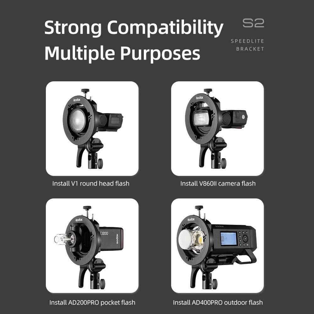 Godox S2 Speedlite S-Type Bracket Bowens Mount Flash S-type Holder Bracket (Black)