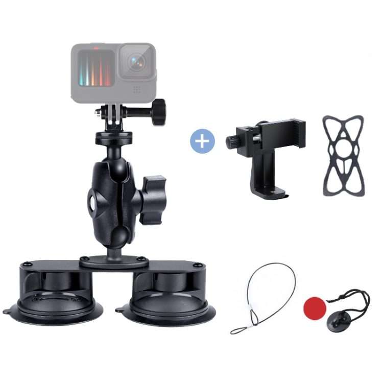 Dual Suction Cup Mount Holder with Tripod Adapter & Screw & Phone Clamp & Anti-lost Si ... (Black)
