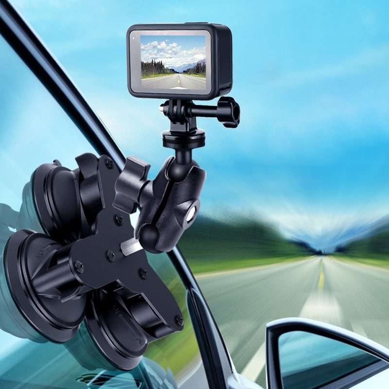 Dual Suction Cup Mount Holder with Tripod Adapter & Screw & Phone Clamp & Anti-lost Si ... (Black)