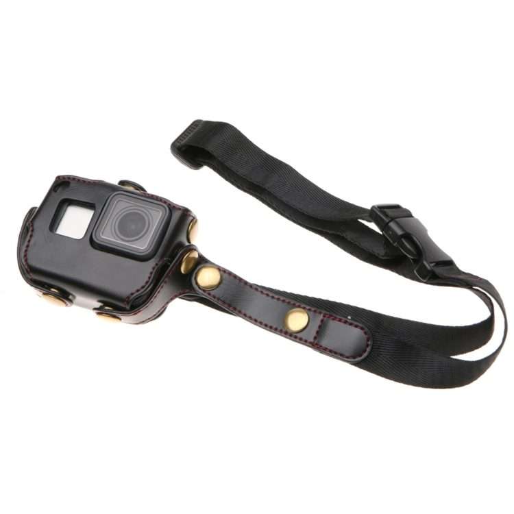 For GoPro HERO7 Black /6 /5 PU Leather Housing Case with Neck Strap & Buttons(Black)