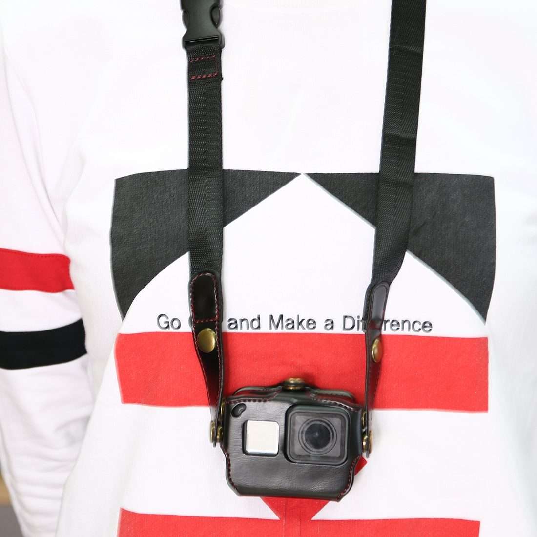 For GoPro HERO7 Black /6 /5 PU Leather Housing Case with Neck Strap & Buttons(Black)