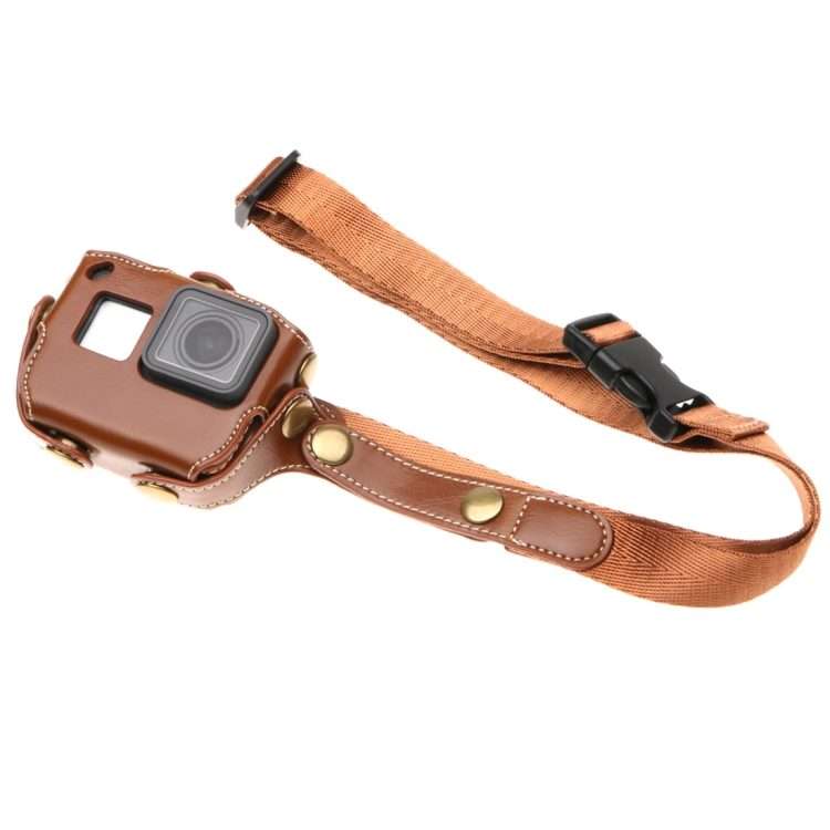For GoPro HERO7 Black /6 /5 PU Leather Housing Case with Neck Strap & Buttons(Coffee)