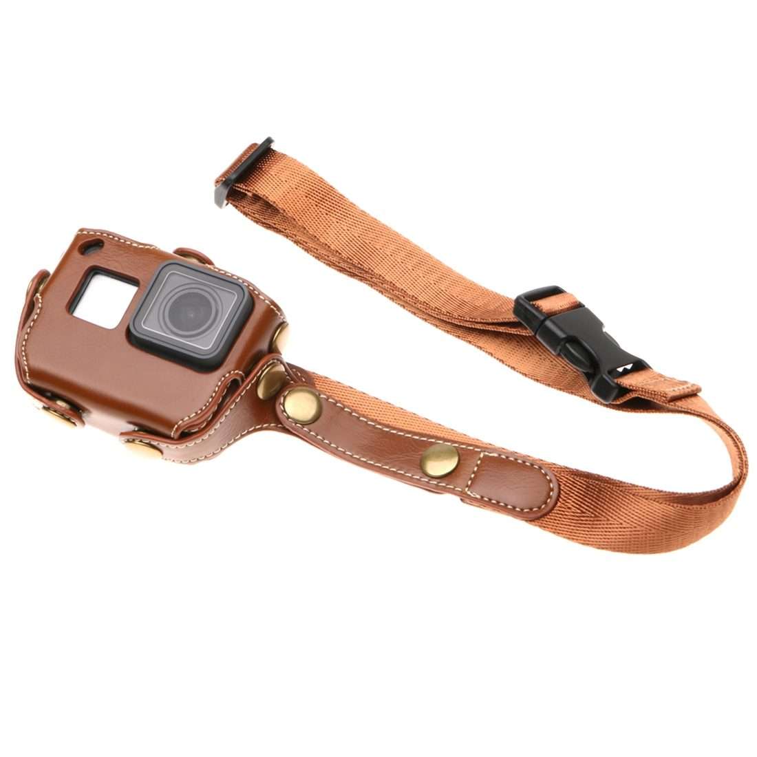 For GoPro HERO7 Black /6 /5 PU Leather Housing Case with Neck Strap & Buttons(Coffee)