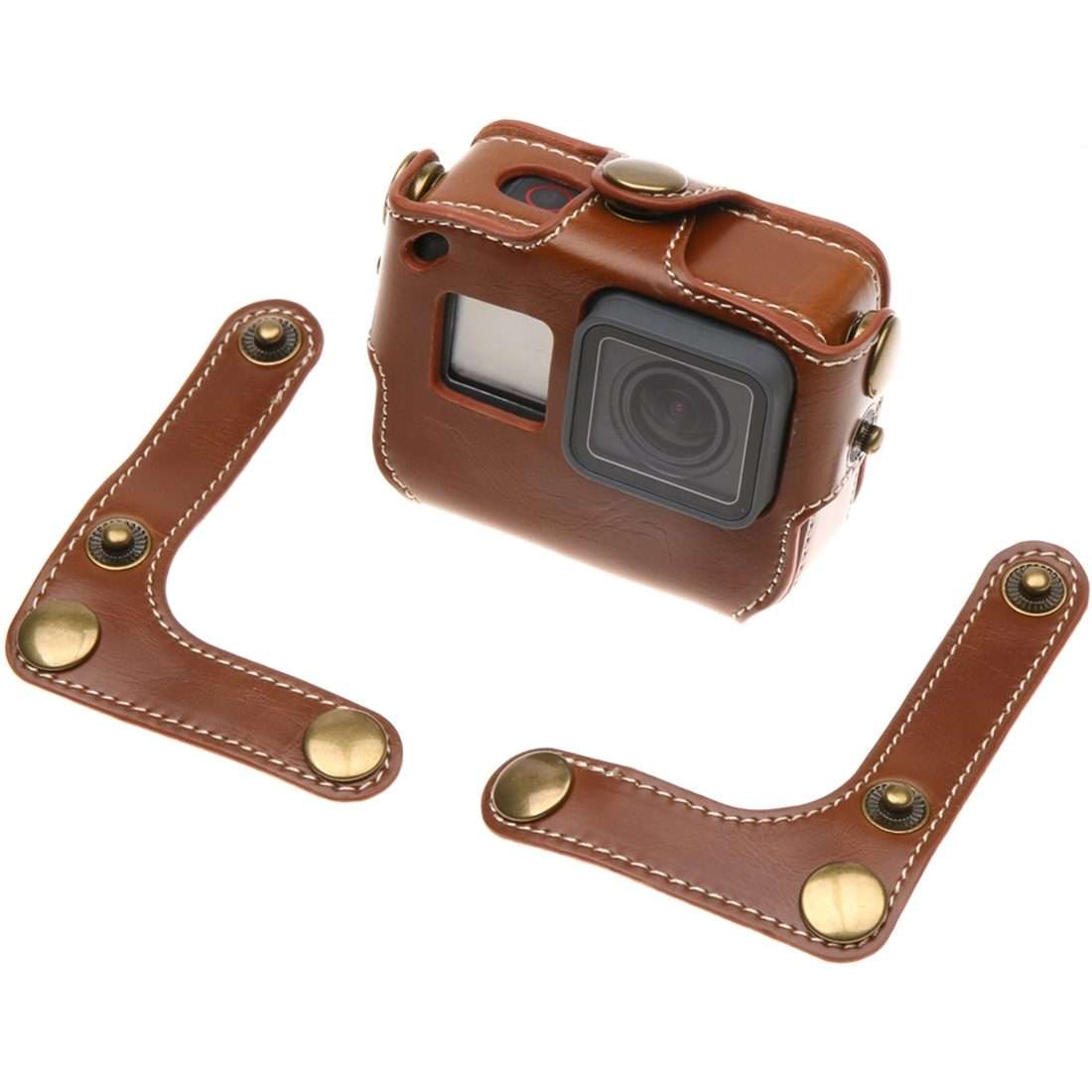 For GoPro HERO7 Black /6 /5 PU Leather Housing Case with Neck Strap & Buttons(Coffee)