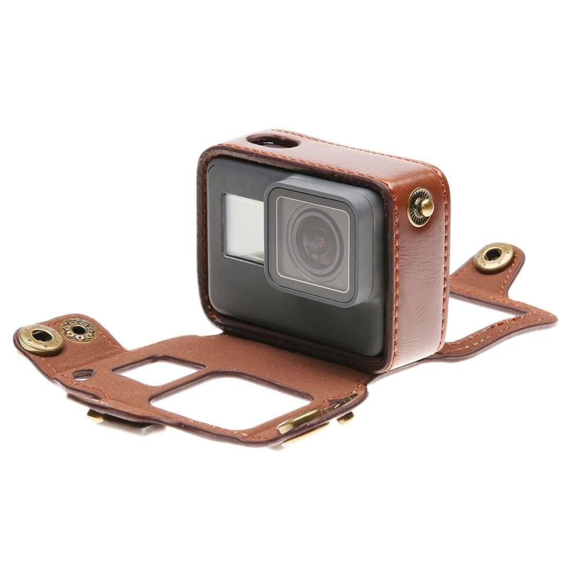For GoPro HERO7 Black /6 /5 PU Leather Housing Case with Neck Strap & Buttons(Coffee)