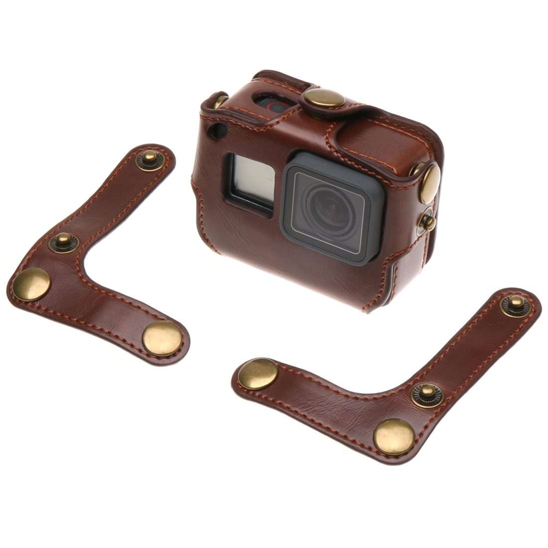 For GoPro HERO7 Black /6 /5 PU Leather Housing Case with Neck Strap & Buttons(Brown)