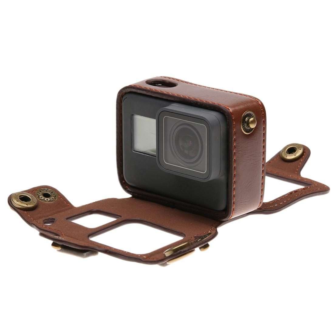 For GoPro HERO7 Black /6 /5 PU Leather Housing Case with Neck Strap & Buttons(Brown)