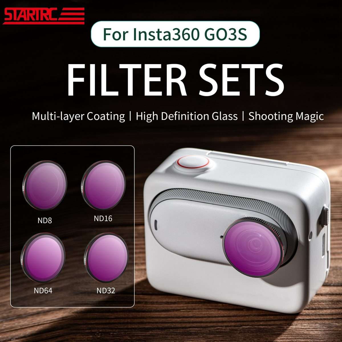 For Insta360 GO 3S STARTRC 4 in 1 ND8 ND16 ND32 ND64 Camera Lens Filter (Black Red)