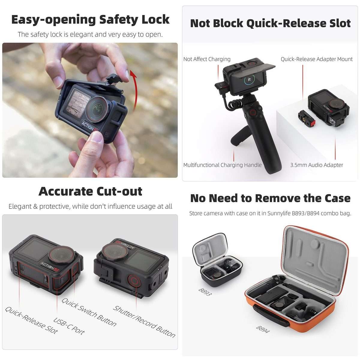 For DJI Osmo Action 5 Pro / 4 / 3 Sunnylife Protective Case Frame Mount Adapter Sun Ho ... (Black)