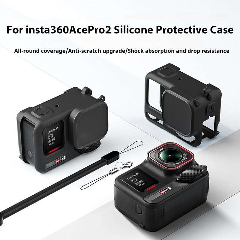 For Insta360 Ace Pro 2 Silicone Protective Case with Wrist Strap & Lens Cover (Black)