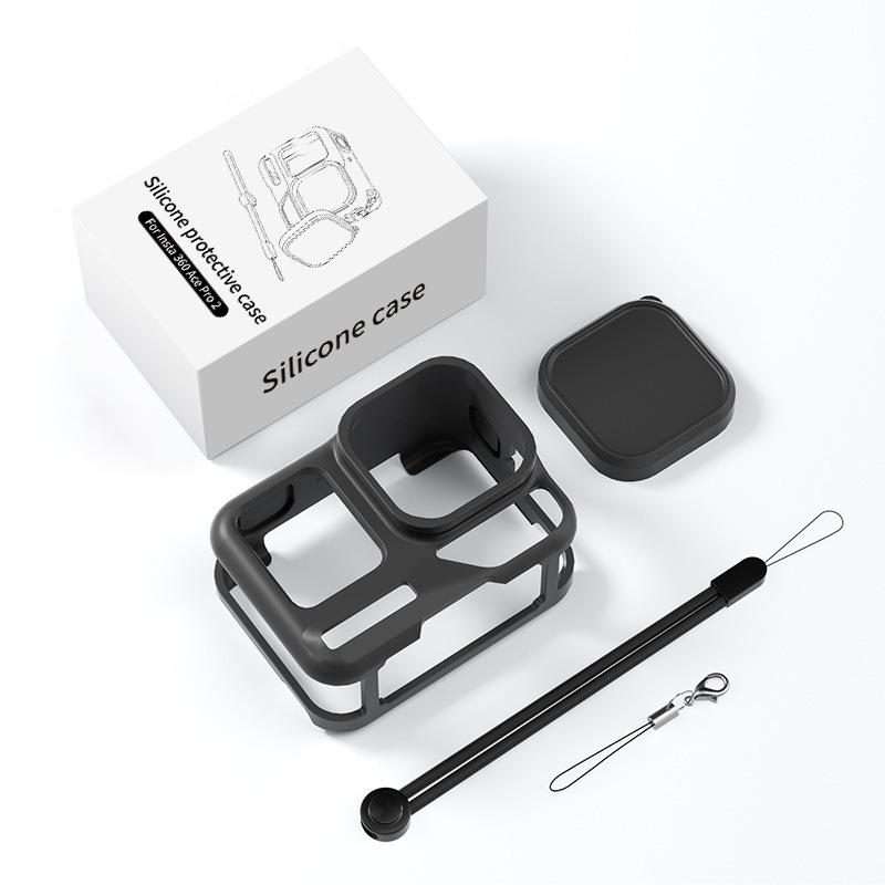 For Insta360 Ace Pro 2 Silicone Protective Case with Wrist Strap & Lens Cover (Black)