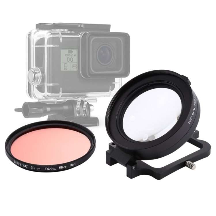 JSR 58mm 16X Macro Lens + Red Diving Lens Filter with Lens Cover + Lens Filter Ring Adapter + Stri