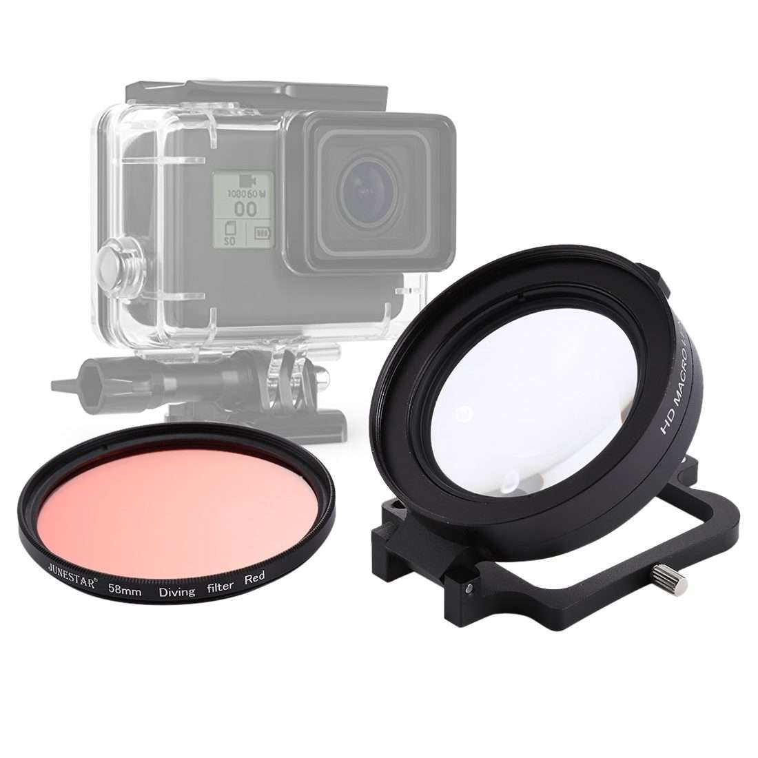 JSR 58mm 16X Macro Lens + Red Diving Lens Filter with Lens Cover + Lens Filter Ring Adapter + Stri