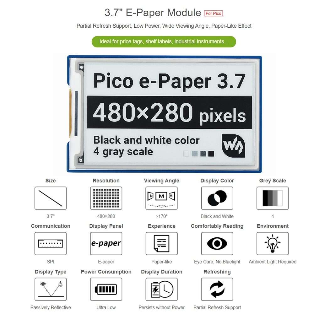 Waveshare 3.7 inch 480x280 Pixel E-Paper E-Ink Display Module for Raspberry Pi Pico, 4 Grayscale,