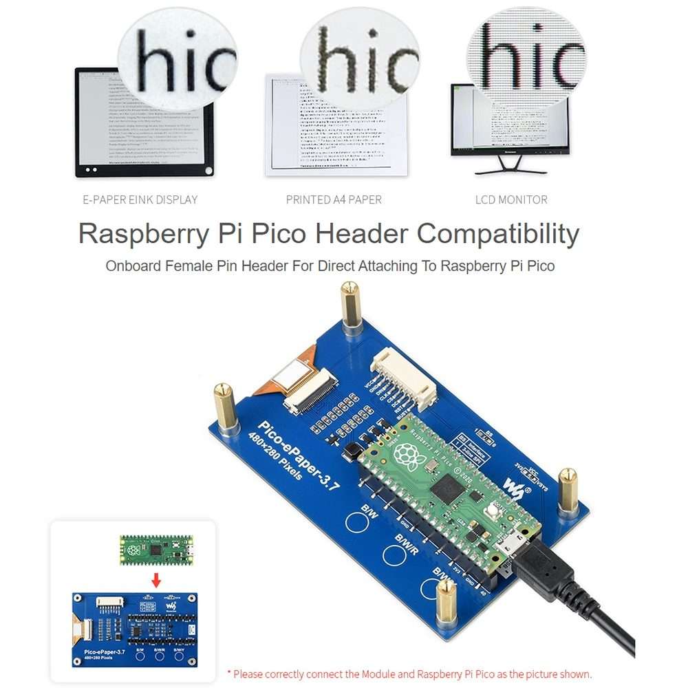 Waveshare 3.7 inch 480x280 Pixel E-Paper E-Ink Display Module for Raspberry Pi Pico, 4 Grayscale,