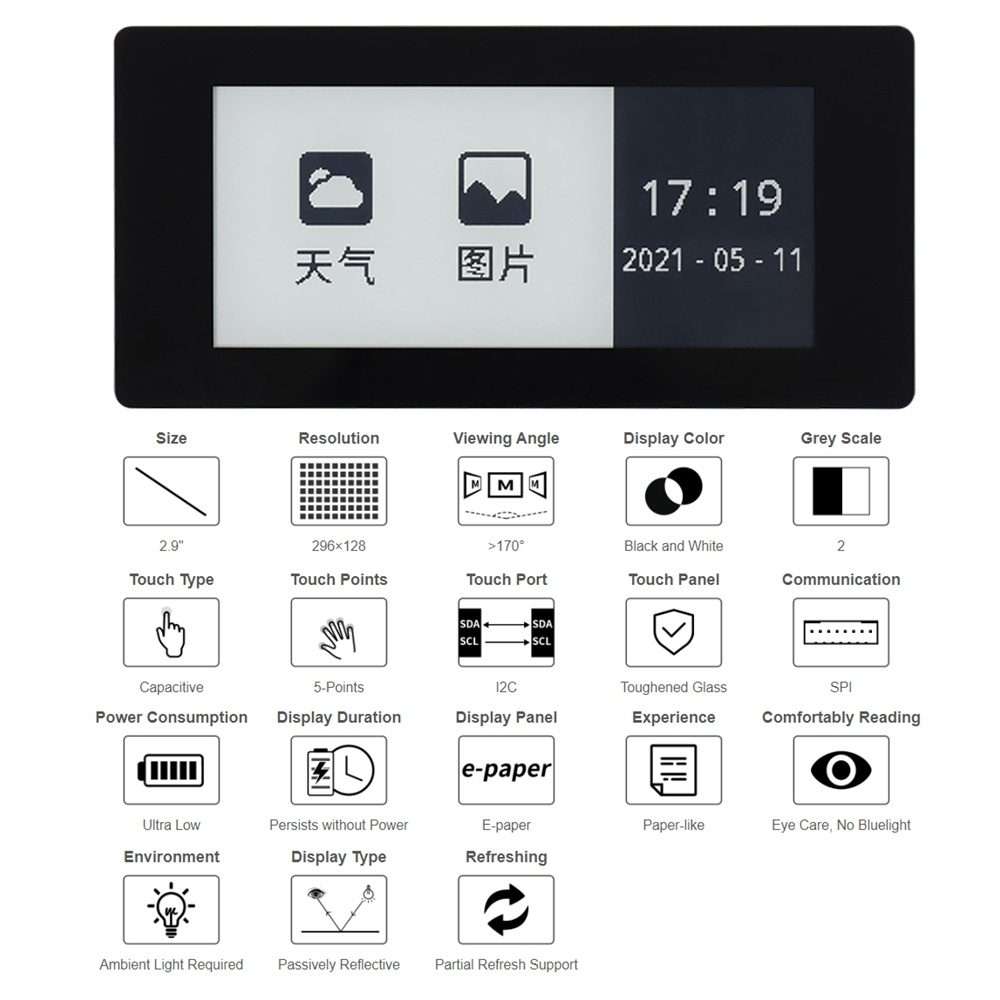 Waveshare 2.9 inch 296 x 128 Pixel 5-Points Capacitive Touch Black / White E-Paper E-Ink Display H
