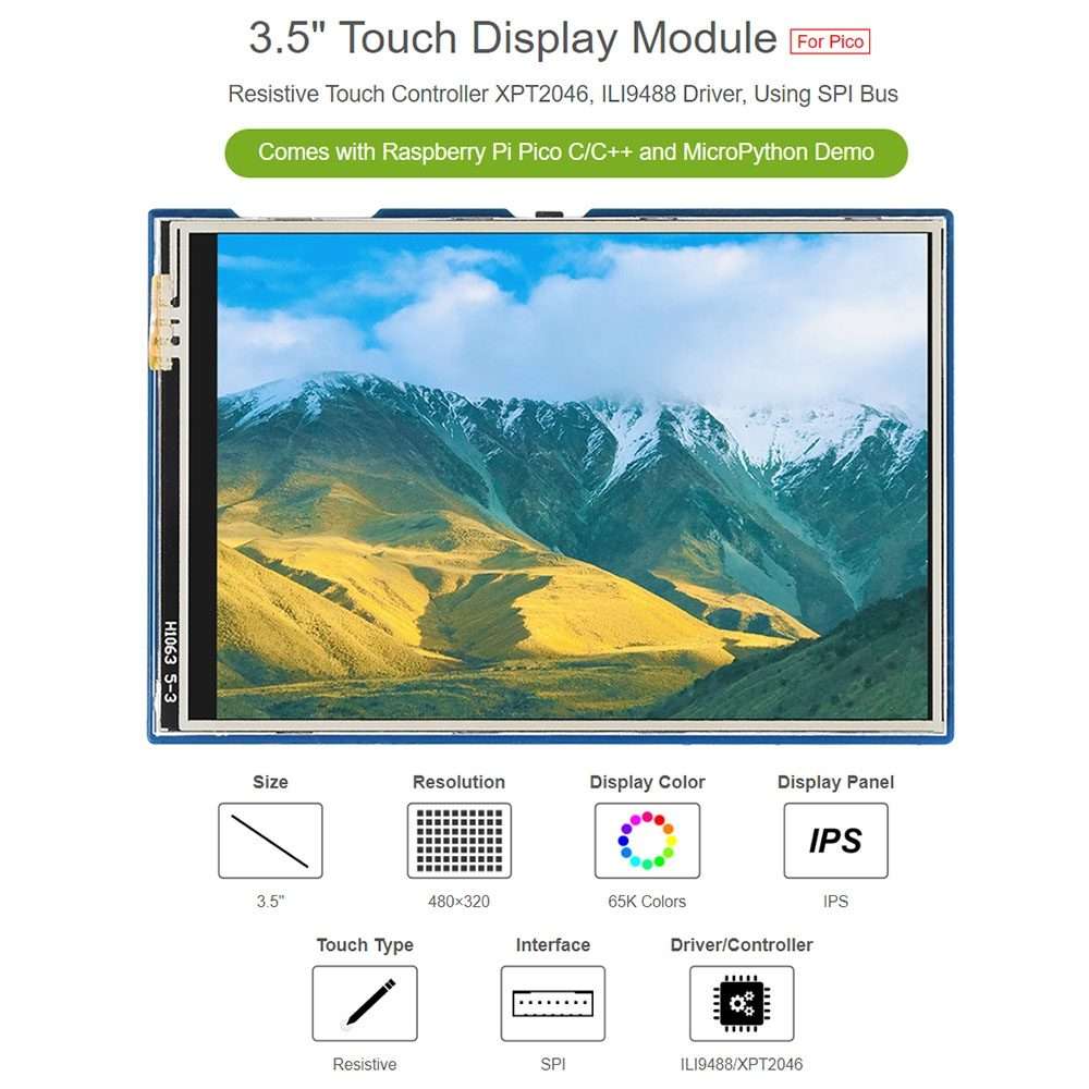 WAVESHARE 3.5 inch 65K Colors 480 x 320 Touch Display Module for Raspberry Pi Pico, SPI Interface