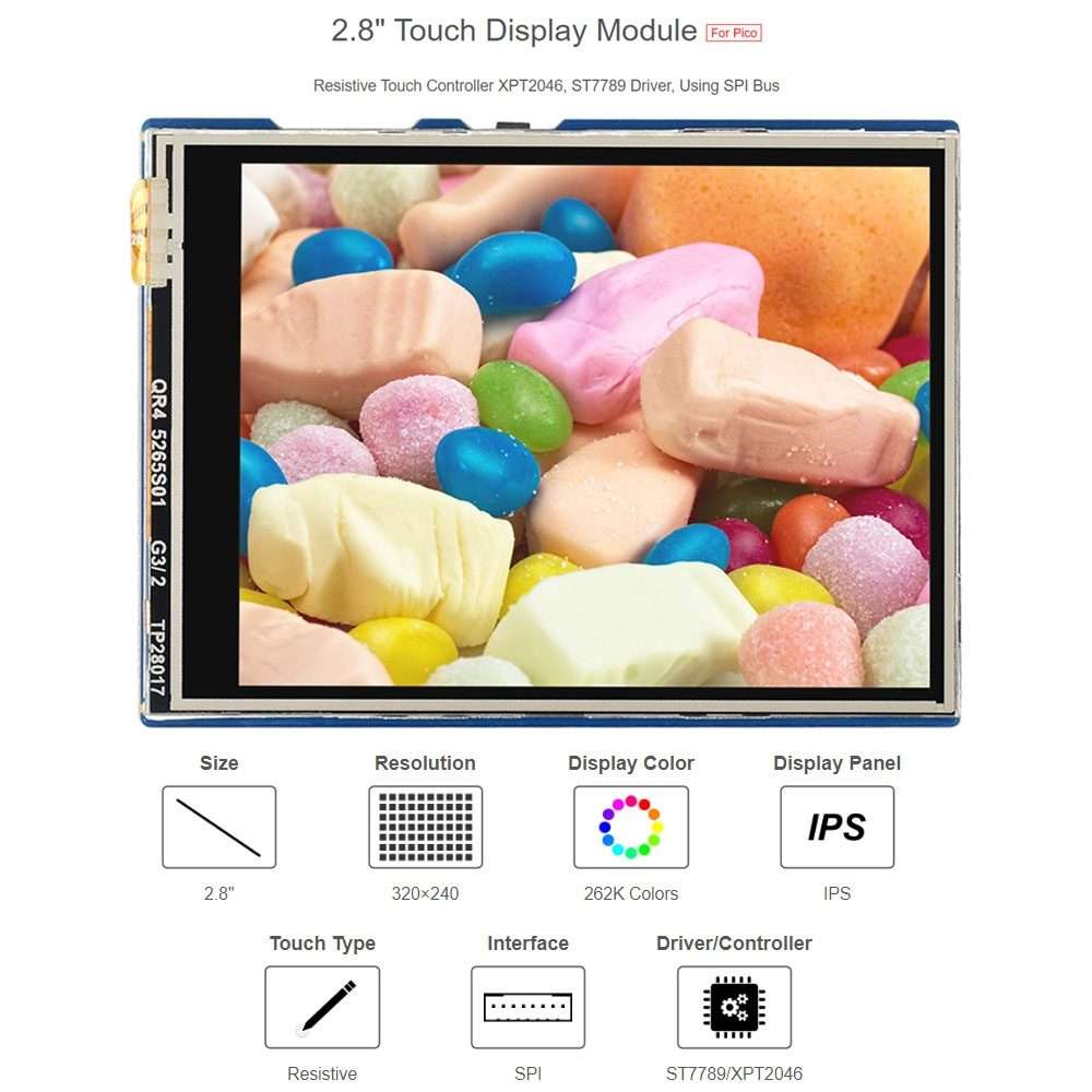 WAVESHARE 2.8 inch 262K Colors 320 x 240 Pixel Touch Display Module for Raspberry Pi Pico, SPI Int
