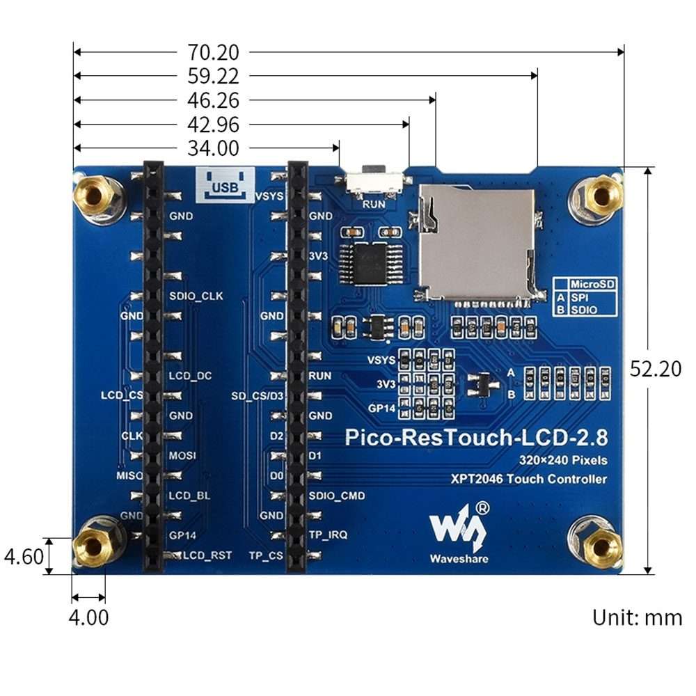 WAVESHARE 2.8 inch 262K Colors 320 x 240 Pixel Touch Display Module for Raspberry Pi Pico, SPI Int