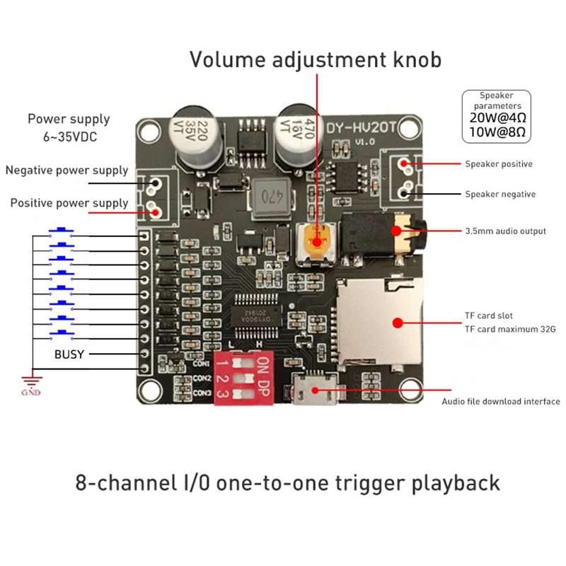 DY-HV20T 12V/24V 10W/20W Voice Playback Module MP3 Music Player UART I/O Trigger Amplifier Board M