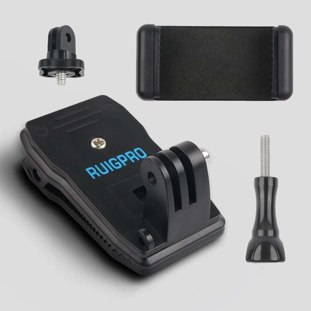 RUIGPRO 360 Degree Rotation Backpack Rec-Mounts Clip Clamp Mount + Phone Clamp for GoP ... (Black)