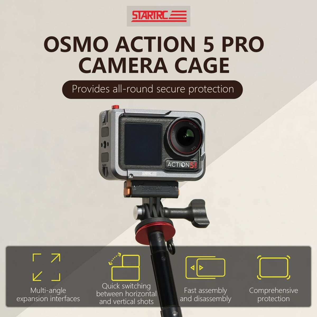 For DJI Osmo Action 5 Pro STARTRC Metal Cage Expansion Adapter Frame with Cold Shoe (Grey)