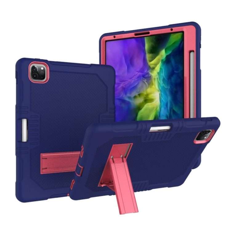 For iPad Pro 12.9 inch (2018/2020) Contrast Color Robot Shockproof Silicone + ... (Navy Blue Rose)