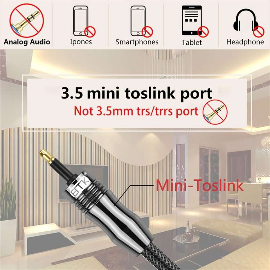 EMK OD6.0mm 3.5mm Digital Sound Toslink to Mini Toslink Digital Optical Audio Cable, Length:2m
