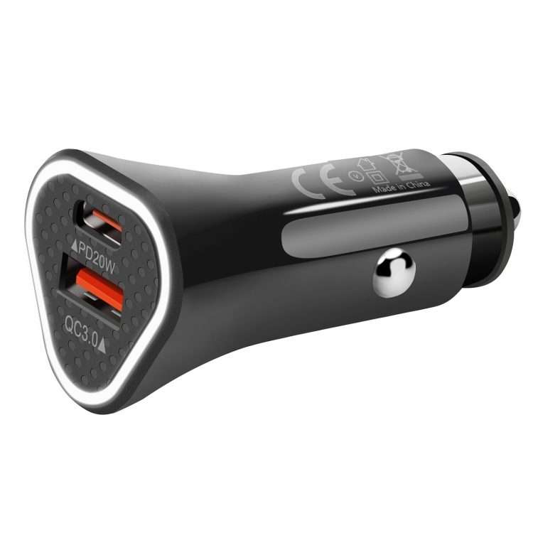 YSY-313PD20W QC3.0 USB + PD 20W USB-C / Type-C Triangle Dual Ports Fast Charging Car C ... (Black)
