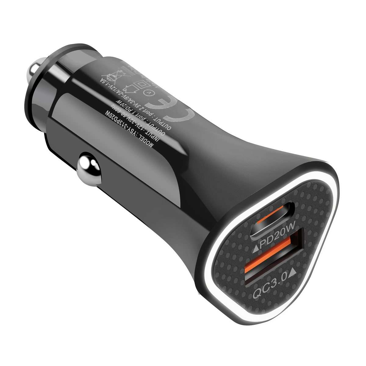 YSY-313PD20W QC3.0 USB + PD 20W USB-C / Type-C Triangle Dual Ports Fast Charging Car C ... (Black)