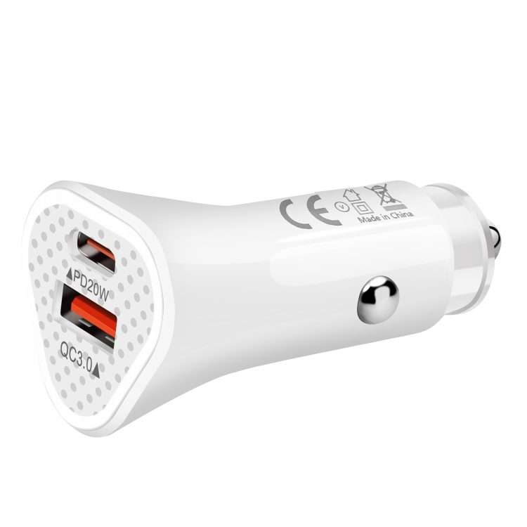 YSY-313PD30W QC3.0 USB + PD 30W USB-C / Type-C Triangle Dual Ports Fast Charging Car C ... (White)