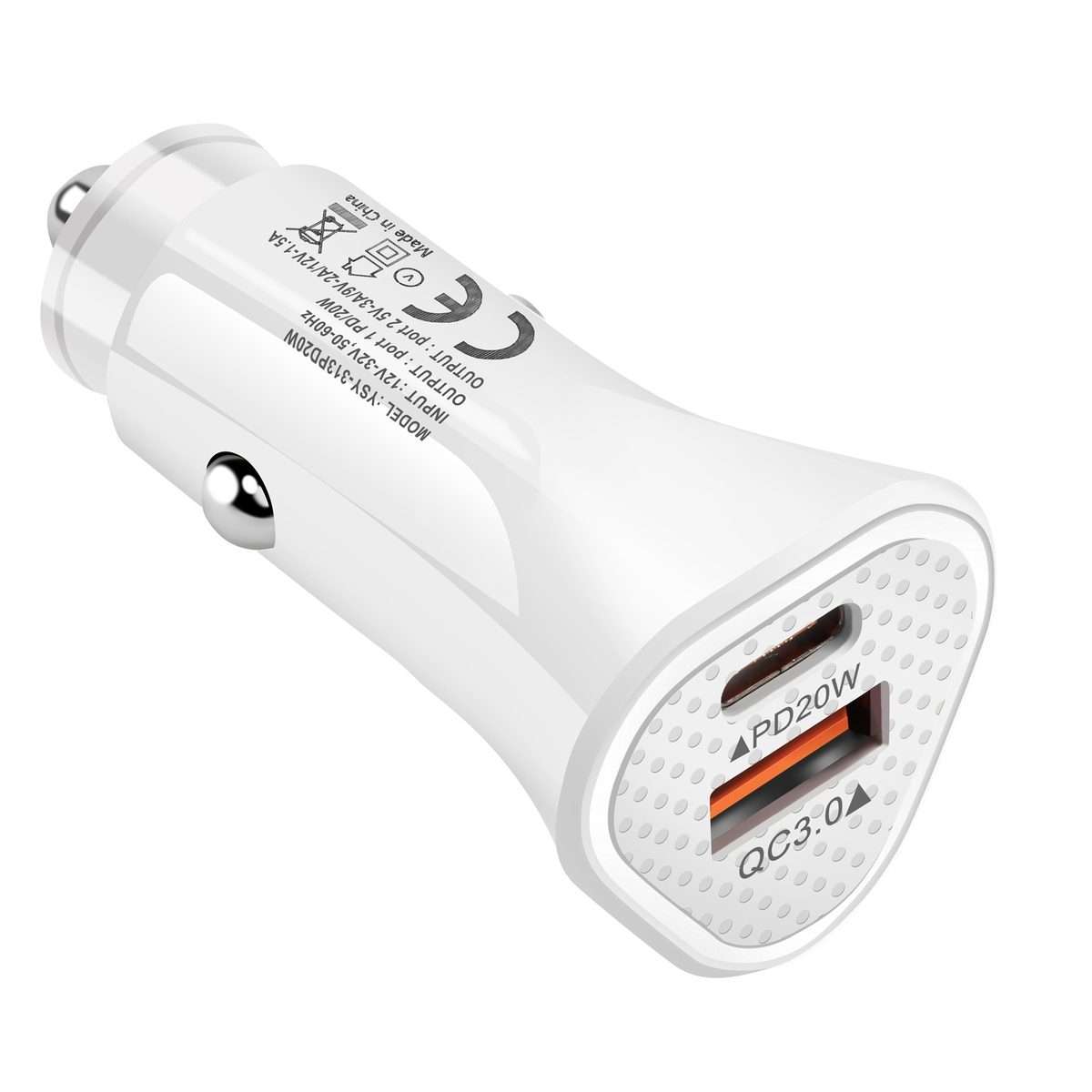 YSY-313PD30W QC3.0 USB + PD 30W USB-C / Type-C Triangle Dual Ports Fast Charging Car C ... (White)