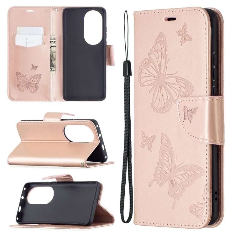 For Huawei P50 Pro Two Butterflies Embossing Pattern Horizontal Flip Leather Case ... (Rose Gold)
