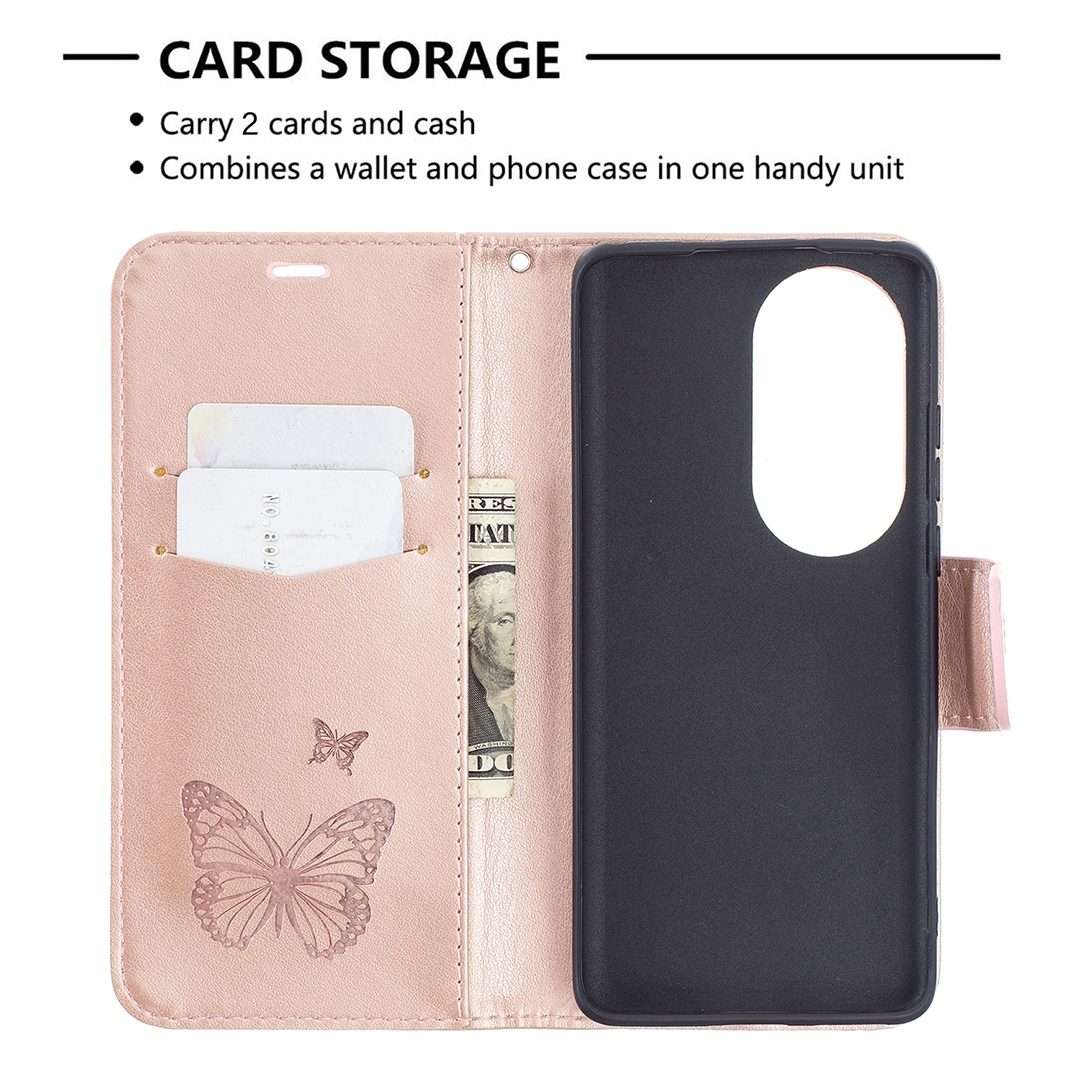 For Huawei P50 Pro Two Butterflies Embossing Pattern Horizontal Flip Leather Case ... (Rose Gold)