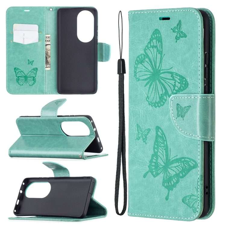 For Huawei P50 Pro Two Butterflies Embossing Pattern Horizontal Flip Leather Case with ... (Green)