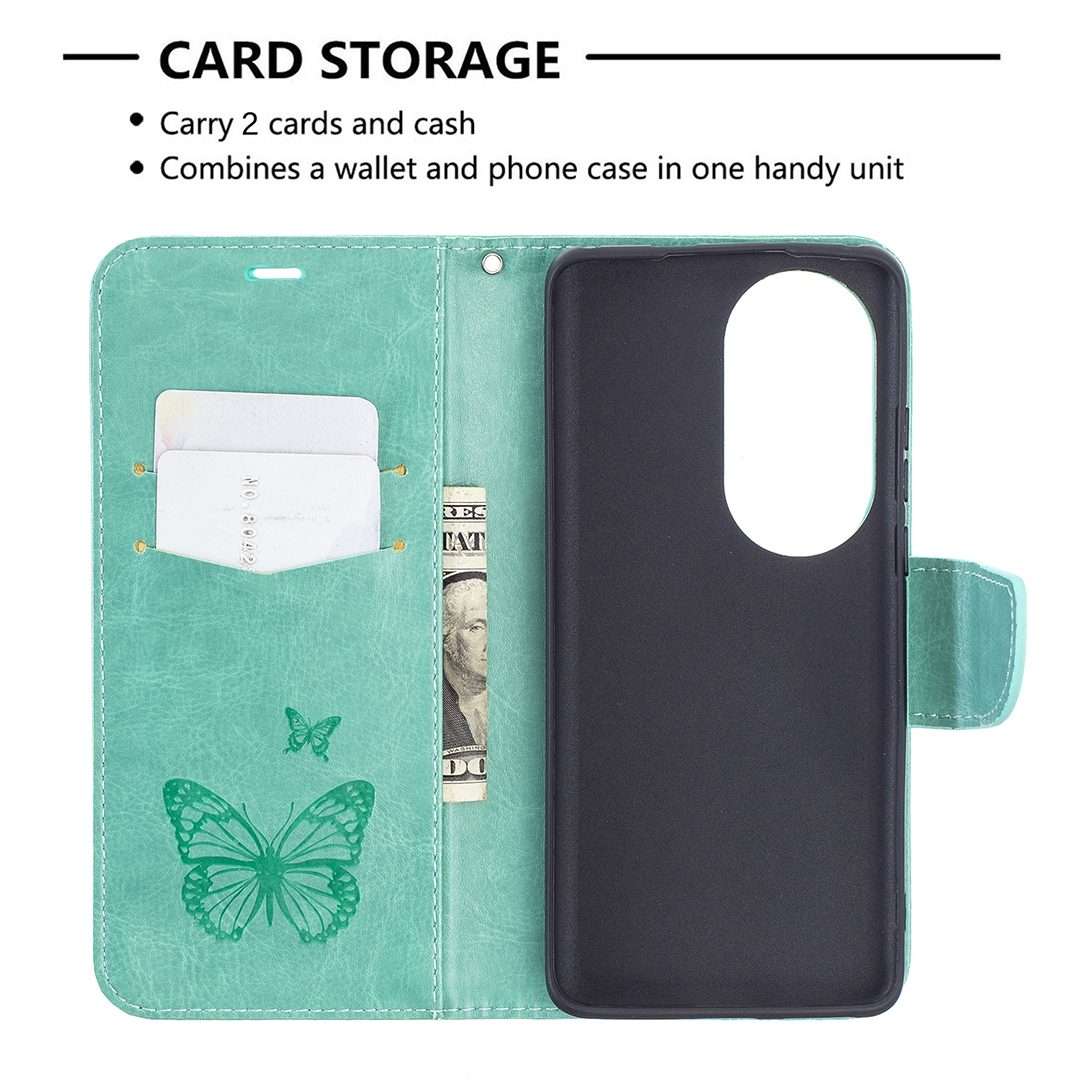 For Huawei P50 Pro Two Butterflies Embossing Pattern Horizontal Flip Leather Case with ... (Green)