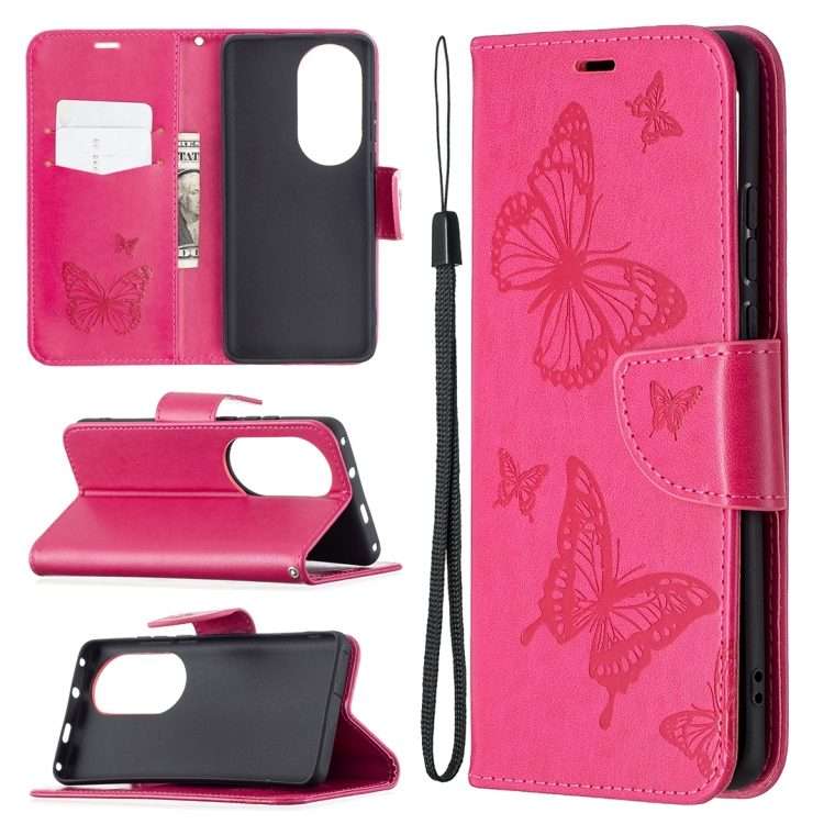 For Huawei P50 Pro Two Butterflies Embossing Pattern Horizontal Flip Leather Case w ... (Rose Red)