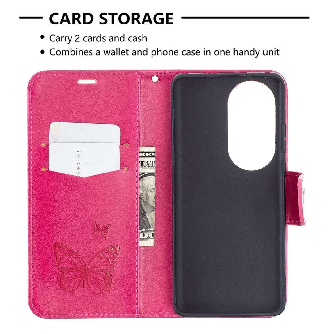 For Huawei P50 Pro Two Butterflies Embossing Pattern Horizontal Flip Leather Case w ... (Rose Red)