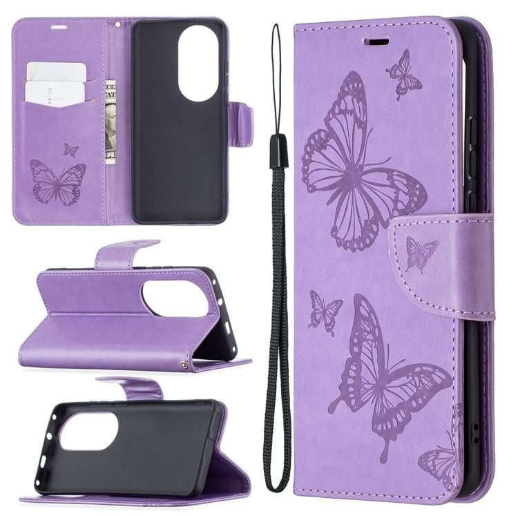 For Huawei P50 Pro Two Butterflies Embossing Pattern Horizontal Flip Leather Case wit ... (Purple)