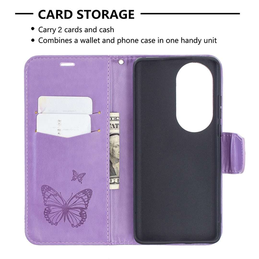 For Huawei P50 Pro Two Butterflies Embossing Pattern Horizontal Flip Leather Case wit ... (Purple)