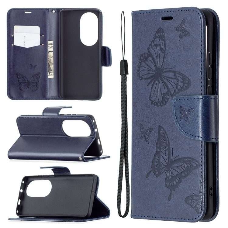 For Huawei P50 Pro Two Butterflies Embossing Pattern Horizontal Flip Leather Case ... (Dark Blue)