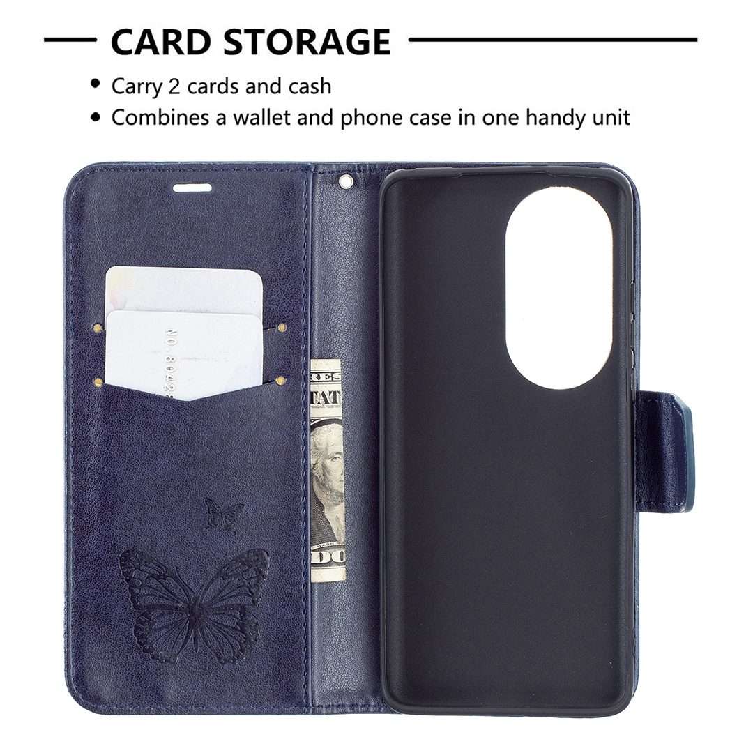For Huawei P50 Pro Two Butterflies Embossing Pattern Horizontal Flip Leather Case ... (Dark Blue)
