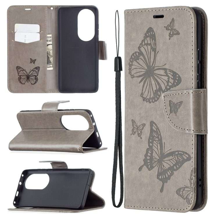 For Huawei P50 Pro Two Butterflies Embossing Pattern Horizontal Flip Leather Case with ... (Grey)