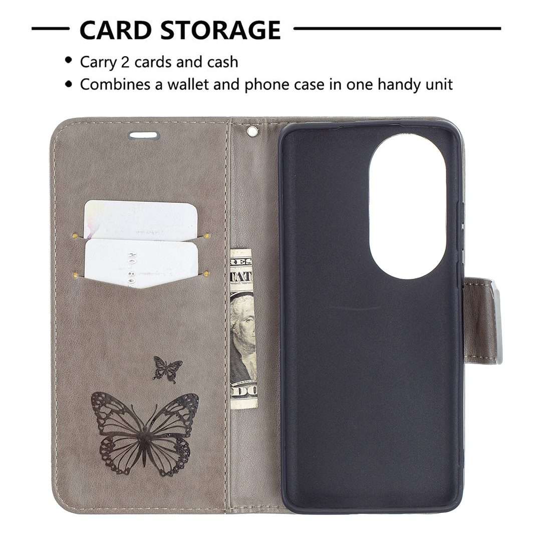 For Huawei P50 Pro Two Butterflies Embossing Pattern Horizontal Flip Leather Case with ... (Grey)