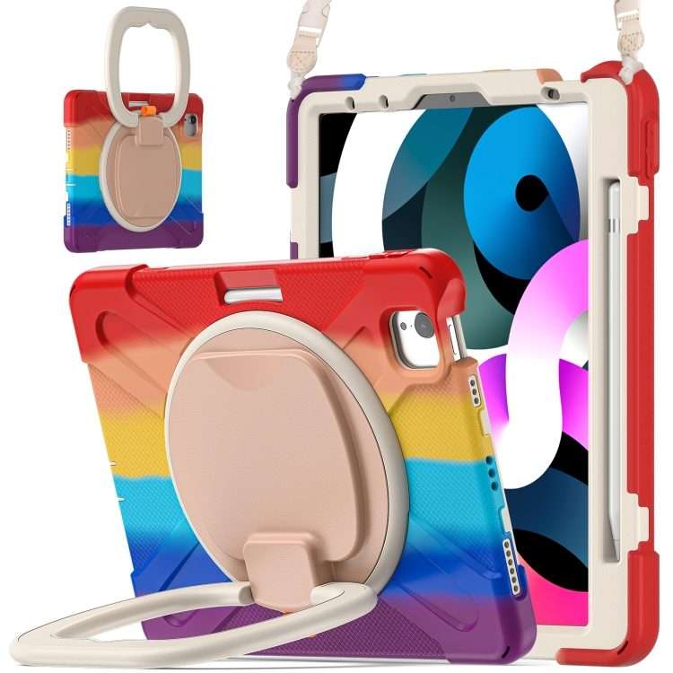 Silicone + PC Protective Case with Holder & Shoulder Strap For iPad Air 2022 ... (Colorful Red)