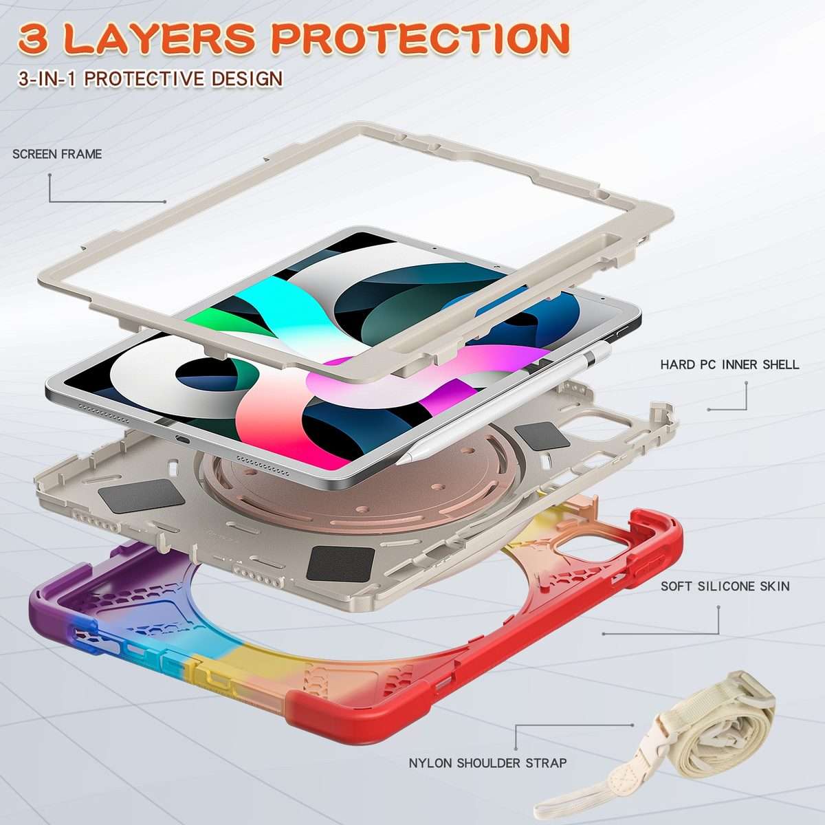 Silicone + PC Protective Case with Holder & Shoulder Strap For iPad Air 2022 ... (Colorful Red)