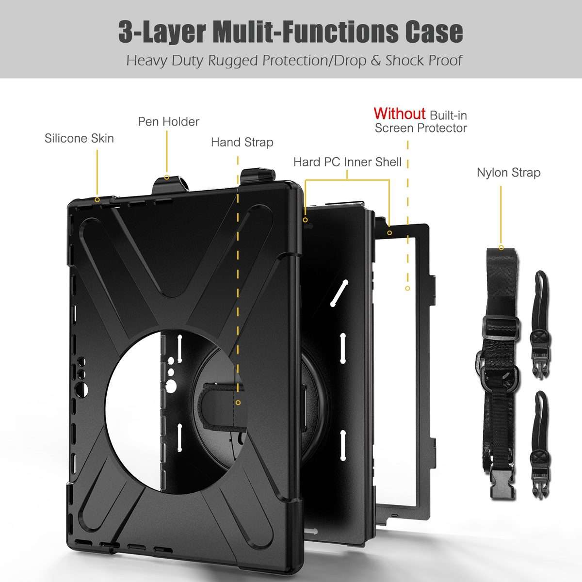 For Microsoft Surface Pro 4 / 5 / 6 / 7 / 7+ Shockproof Colorful Silicone + PC Protect ... (Black)