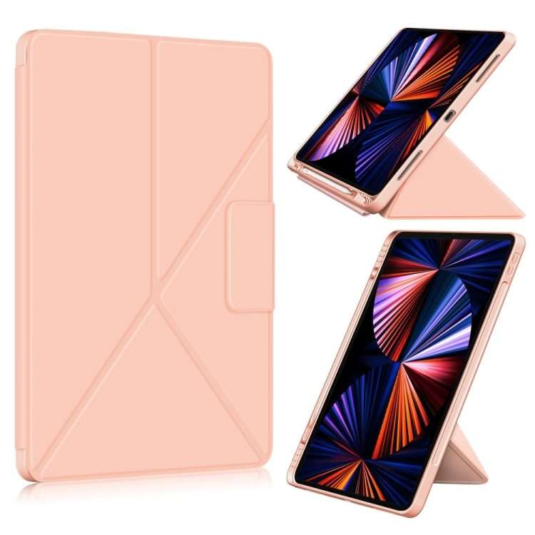 For iPad Pro 12.9 2022 / 2021 Multi-folding Horizontal Flip PU Leather Shockproof ... (Rose Gold)