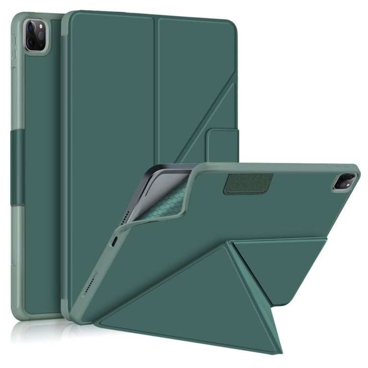 For iPad Pro 12.9 2022 / 2021 Multi-folding Horizontal Flip PU Leather Shockproof ... (Dark Green)