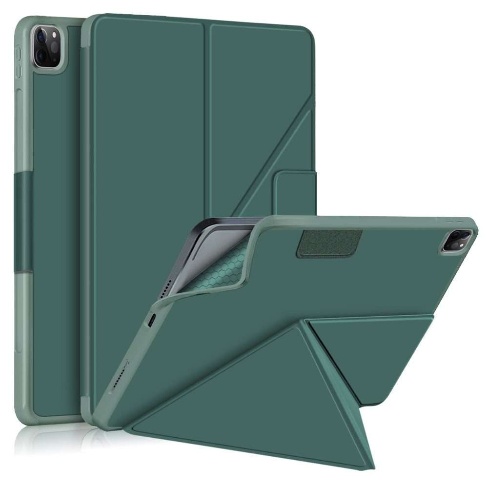 For iPad Pro 12.9 2022 / 2021 Multi-folding Horizontal Flip PU Leather Shockproof ... (Dark Green)